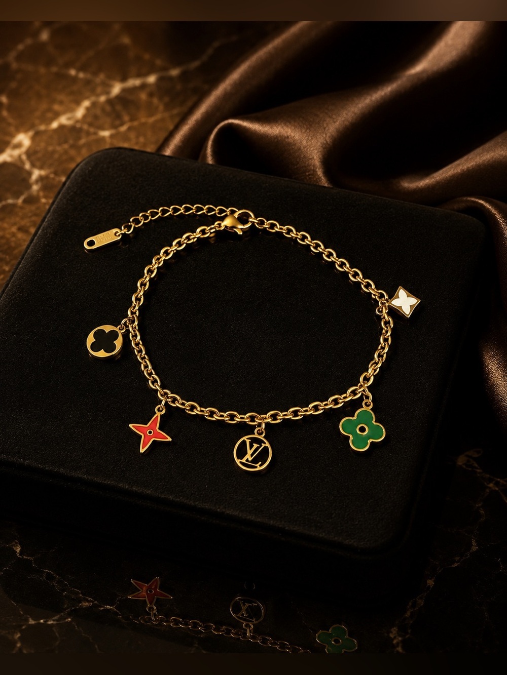 18K Gold LV Logo Charm Bracelet with Red & Green Enamel Accents